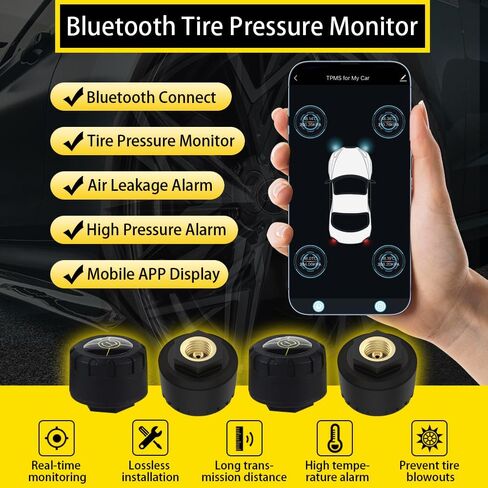 Tire Pressure Monitor System Wireless Tire Pressure TPMS Sensor Real-time Bluetooth Wireless Temperature Car Tire Pressure Monitor TPMS for Cars,Bikes,Motors,Support iOS&Android,4 External TPMS Kit in Kuwait
