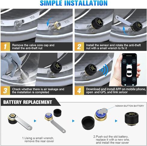 Tire Pressure Monitor System Wireless Tire Pressure TPMS Sensor Real-time Bluetooth Wireless Temperature Car Tire Pressure Monitor TPMS for Cars,Bikes,Motors,Support iOS&Android,4 External TPMS Kit in Kuwait