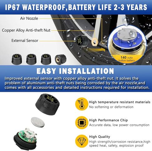 Tire Pressure Monitor System Wireless Tire Pressure TPMS Sensor Real-time Bluetooth Wireless Temperature Car Tire Pressure Monitor TPMS for Cars,Bikes,Motors,Support iOS&Android,4 External TPMS Kit in Kuwait