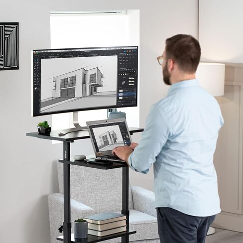 VIVO Mobile Height Adjustable Table Stand Up Desk with Storage, Computer Workstation Rolling Presentation Cart, Black, CART-V02DB in Saudi Arabia