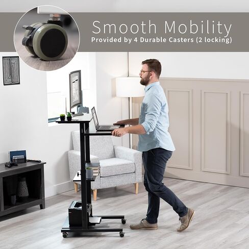 VIVO Mobile Height Adjustable Table Stand Up Desk with Storage, Computer Workstation Rolling Presentation Cart, Black, CART-V02DB in Saudi Arabia