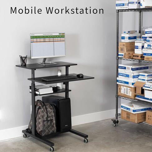VIVO Mobile Height Adjustable Table Stand Up Desk with Storage, Computer Workstation Rolling Presentation Cart, Black, CART-V02DB in Saudi Arabia
