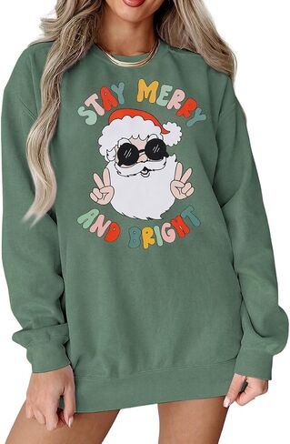 BOUTIKOME Women Christmas Sweatshirt Christmas Tree Graphic Tees Xmas Long Sleeve Crewneck Shirt Oversized Pullover Fall Tops(Xmas Green,XL) in Kuwait