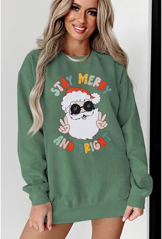 BOUTIKOME Women Christmas Sweatshirt Christmas Tree Graphic Tees Xmas Long Sleeve Crewneck Shirt Oversized Pullover Fall Tops(Xmas Green,XL) in Kuwait