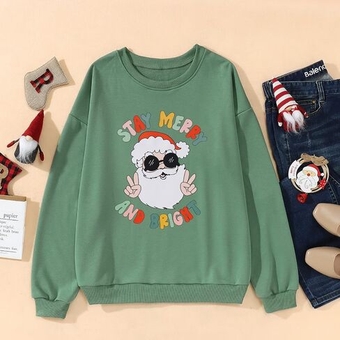 BOUTIKOME Women Christmas Sweatshirt Christmas Tree Graphic Tees Xmas Long Sleeve Crewneck Shirt Oversized Pullover Fall Tops(Xmas Green,XL) in Kuwait