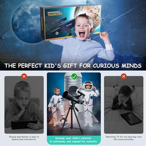 تلسكوب NACATIN للأطفال، فتحة 70 مم (15X-150X) تلسكوبات تثبيت AZ للمبتدئين في علم الفلك، تلسكوب منكسر محمول مع حامل ثلاثي القوائم ومحول هاتف وجهاز تحكم عن بعد لاسلكي أبيض in Kuwait