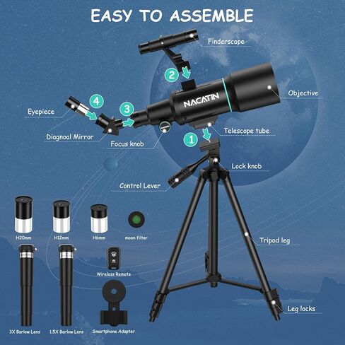 تلسكوب NACATIN للأطفال، فتحة 70 مم (15X-150X) تلسكوبات تثبيت AZ للمبتدئين في علم الفلك، تلسكوب منكسر محمول مع حامل ثلاثي القوائم ومحول هاتف وجهاز تحكم عن بعد لاسلكي أبيض in Kuwait