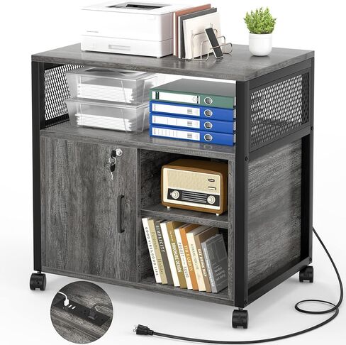 خزانة ملفات مكتبية جانبية من Unikito مع مقبس ومنفذ شحن USB، حامل طابعة حديث على عجلات خزانة طابعة مع باب وتخزين مفتوح، قابلة للقفل، بلوط أسود in Kuwait