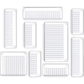 Kootek 9 Pcs Drawer Organizer Set, 4-Size Bathroom Drawer Organizers Makeup Trays Vanity Desk Dividers Versatile Storage Bins Clear Plastic Drawer Organization Container for Dresser, Kitchen, Office