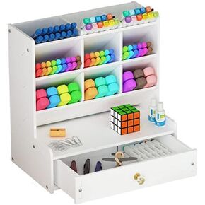 منظم مكتب أبيض مع درج، صندوق تخزين حامل أقلام DIY رف تخزين سطح المكتب الإبداعي للمنزل والمكتب والمدرسة سهل التجميع