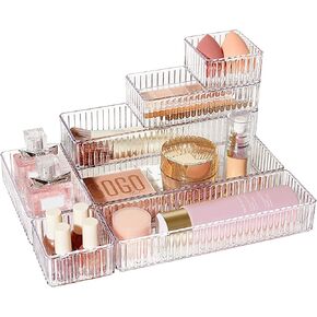 Vtopmart 7 PCS Clear Drawer Organizers Bins, 4-Size Stackable Makeup and Vanity Drawer Organizer Trays, Acrylic Bathroom Drawer Storage Containers for Cosmetic, Office Supply, Kitchen Utensils Gadgets