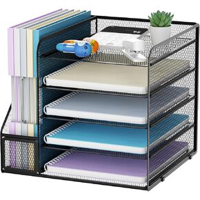 Marbrasse Desk Organizers and Accessories, 5-Tier Paper Letter Tray Organizer with File Holder, Mesh File Organizer for Desk, Office Desk Accessories & Organization for Supplies (Black)