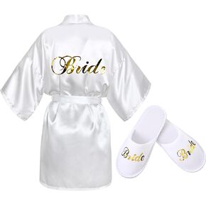 Jiuguva 2 Pcs Bridal Wedding Slippers Robe Set Bridal Satin Robe Bride Robe Wedding Slippers Bride Slippers White Slippers for Bachelorette Party