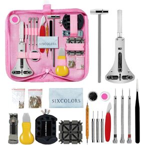 Watch Repair Tool Kit, Includes Watch Link Pin Removal Kit & Watch Battery Replacement Tool, Practical Watch Back Case Band Remover Tool with Watch Case Opener Spring Bar Tool Hammer, Pink