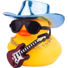 Car Yellow Rubber Duck, Duck Dashboard Decoration with Cowboy Hat Necklace Sunglasses Mini Musical Instrument for Car Dashboard Decorations (Blue-Hat)
