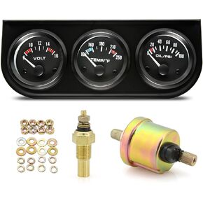 ARTILAURA 52mm Triple Gauge Set (Volt Meter+Water Temp+Oil Pressure Meter) 3 in1 Auto Gauge 3 Gauge Cluster kit Dashboard with Black Console for 12V Cars