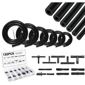 Silicone Vacuum Tubing Hose With 12 Sizes 120PCS Nylon Connector, 1/8" 5/32" 3/16" 1/4" 5/16" 3/8"Inner Diameter 6.6FT 6PSC 130PSI Automotive Silicone Vacuum Tubing Hose line Kit