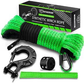 TYT Off-Road Winch Rope Kit - 1/4''x50', 9650 Lbs Black Synthetic Cable with Protective Sheath, Heavy-Duty Hook, Safety Pull Strap & Rubber Stopper Ideal for 4WD ATV UTV Vehicles, Grey, (JPS1450IG)