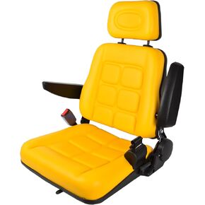 Universal Forklift Seat, PVC Tractor Seat with 35°-180° Adjustable Backrest, Yellow Forklift Seats with Self-rebounding Safety Belt, Lawn Mower Seat with Headrest Armrest for Excavator Dozer