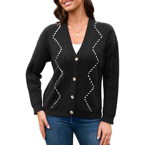 V FOR CITY Cable Knit Cardigan Women Chunky Sweater Cardigans Contrast Color Long Sleeve Coats 2024 Fall Winter