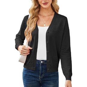 Yekaty Womens 2024 Cropped Cardigan Sweaters Lightweight Button Long Sleeve Shrugs for Dress Hollow-Out Fall Jackets
