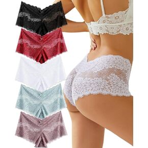 ALL OF ME Women Underwear Sexy Lace Boy Shorts V-Waist Lightweight Seamless Soft Cheeky Panties 5 Pack