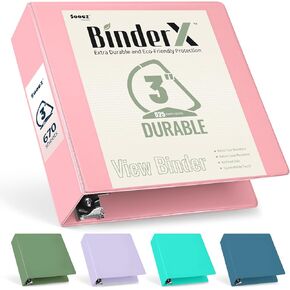 Sooez BinderX Extra Durable 3 Inch 3 Ring Binder, D-Ring Large Binder, Holds 670 Sheets of 8.5x11 Paper, Customizable View Cover with Inside Pocket, Heavy Duty 3 Ring Binder for School, Pink