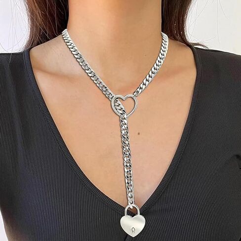 Heart Slip Chain Necklace Slip Chain Necklace Heart Slip Chain Choker Punk Rock Cuban Necklace Adjustable Lariat Y-Necklace for Teen Girls Gifts Trendy Stuff in Saudi Arabia