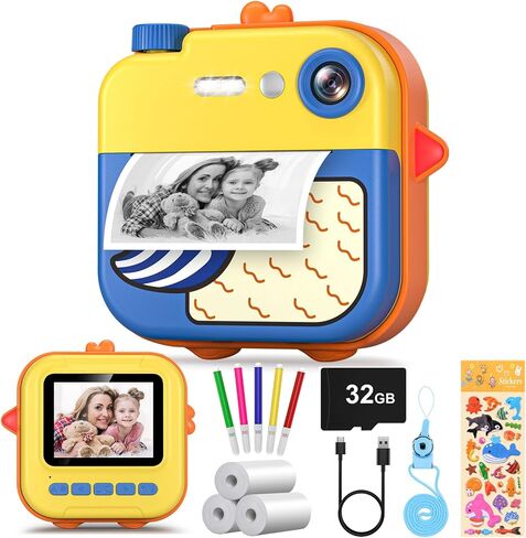طباعة فورية لكاميرا الأطفال - كاميرا فيديو رقمية فورية بدقة 1080 بكسل للأطفال، هدايا عيد الميلاد للفتيات والأولاد من سن 3 إلى 12 عامًا، كاميرات للأطفال الصغار مع 3 لفات بدون ورق طباعة حبر وبطاقة SD 32 جرام - أصفر in Kuwait