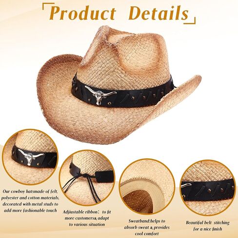 6 Pcs Men's Women's Straw Cowboy Hat Adjustable Western Cowgirl Hat Classic Retro Woven Cowboy Hat with Wide Brim in Saudi Arabia