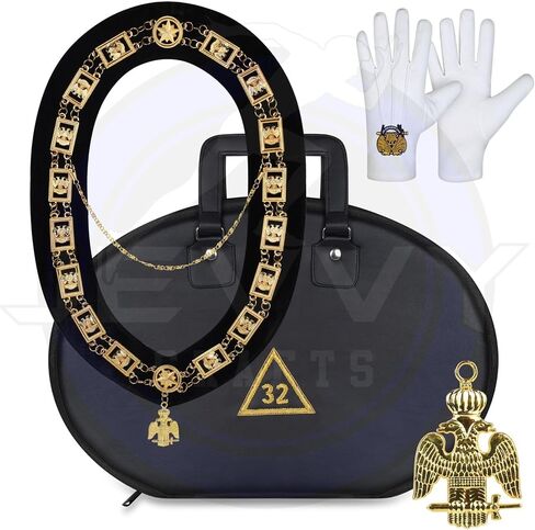 فستان كامل من Masonic Regalia 32 درجة من الطقوس الاسكتلندية وياقة على شكل سلسلة + جوهرة + حافظة مجانية على درجة 32 مطرزة يدويًا مع قفازات قطنية مجانية in Kuwait