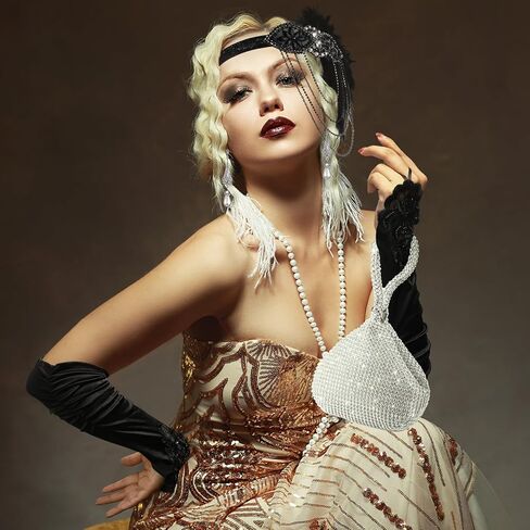 1920s Accessories Headband Necklace Gloves Earrings Long Holder Bling Glitter Purse Flapper Women's Costume Accessories Set in Kuwait