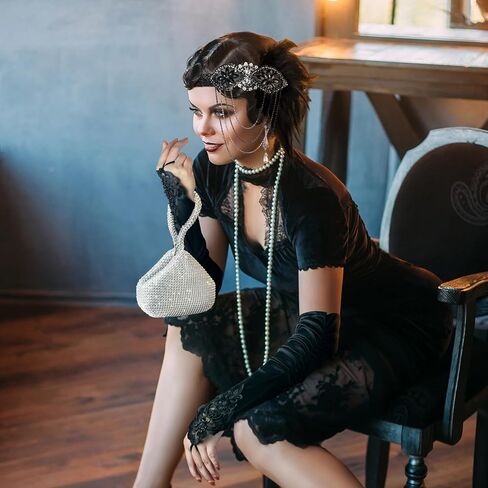 1920s Accessories Headband Necklace Gloves Earrings Long Holder Bling Glitter Purse Flapper Women's Costume Accessories Set in Kuwait