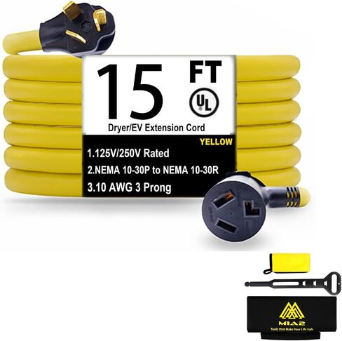 سلك تمديد مجفف M1A2 3 شقوق 30 أمبير NEMA 10-30P إلى 10-30R، 10 قدم مستوى 2 EV شحن 125 فولت/250 فولت قابس STW 10 مقياس UL مدرج in Kuwait