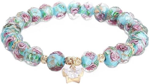 Flower Beaded Bracelets for Women Crystal Healing Bracelet Pink Glass Bead Stretch Bracelets in Saudi Arabia