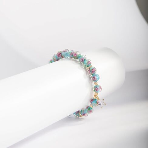 Flower Beaded Bracelets for Women Crystal Healing Bracelet Pink Glass Bead Stretch Bracelets in Saudi Arabia