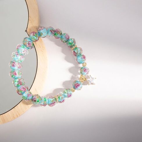 Flower Beaded Bracelets for Women Crystal Healing Bracelet Pink Glass Bead Stretch Bracelets in Saudi Arabia