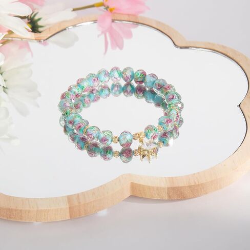 Flower Beaded Bracelets for Women Crystal Healing Bracelet Pink Glass Bead Stretch Bracelets in Saudi Arabia