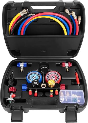 3 Way AC Manifold Gauge Set, Fits for R134A R12 R22 and R502 Refrigerants, with 5FT Hose, Acme Tank Adapters, Quick Couplers and Can Tap in Saudi Arabia