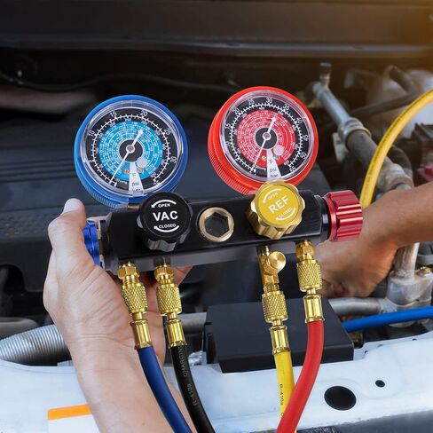 3 Way AC Manifold Gauge Set, Fits for R134A R12 R22 and R502 Refrigerants, with 5FT Hose, Acme Tank Adapters, Quick Couplers and Can Tap in Saudi Arabia