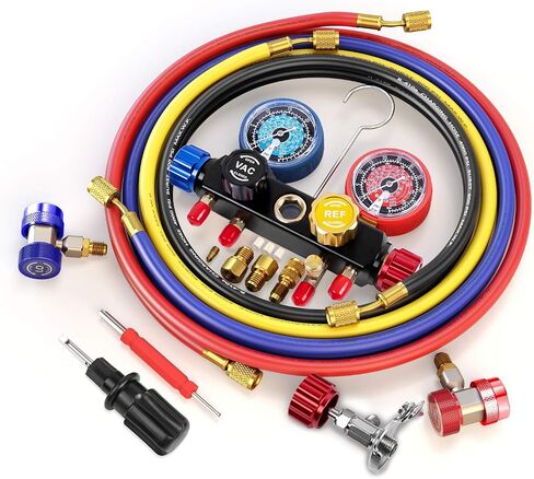 3 Way AC Manifold Gauge Set, Fits for R134A R12 R22 and R502 Refrigerants, with 5FT Hose, Acme Tank Adapters, Quick Couplers and Can Tap in Saudi Arabia