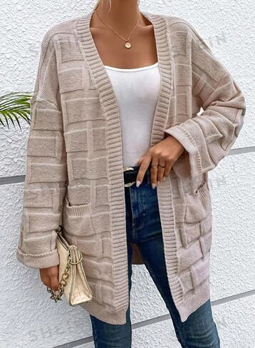 SHEWIN Women's Open Front Lightweight Cardigan Casual Long Sleeve Checkered Knit Loose Sweaters Outwear in Saudi Arabia