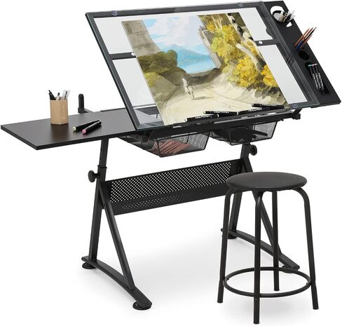 MoNiBloom Drafting Table on Wheels with Storage & Side Tray - Adjustable 0-65° Glass Tabletop, Replaceable Feet Art Desk in Kuwait
