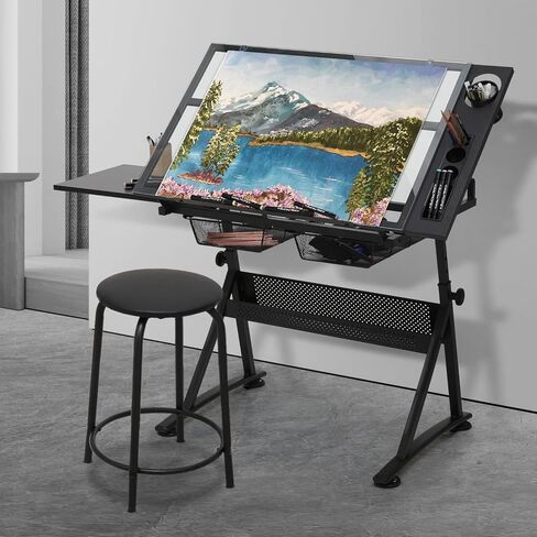 MoNiBloom Drafting Table on Wheels with Storage & Side Tray - Adjustable 0-65° Glass Tabletop, Replaceable Feet Art Desk in Kuwait