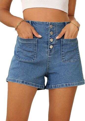 Sidefeel Women's Jean Shorts Button Fly Stretchy High Waisted Summer Denim Shorts Pants with Pockets in Kuwait