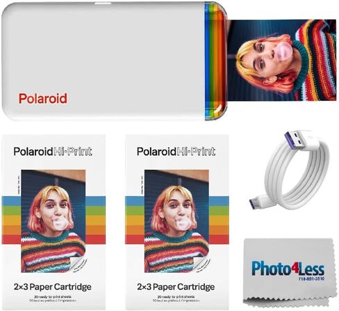 Polaroid Hi-Print - طابعة صباغة صور جيب 2x3 متصلة بالبلوتوث من الجيل الثاني - حزمة بيضاء (9128) مع ورقتين عاليتي الطباعة 2x3 - (40 صورة)، USB - كابل USB من النوع C بطول 6 أقدام، والمزيد in Saudi Arabia