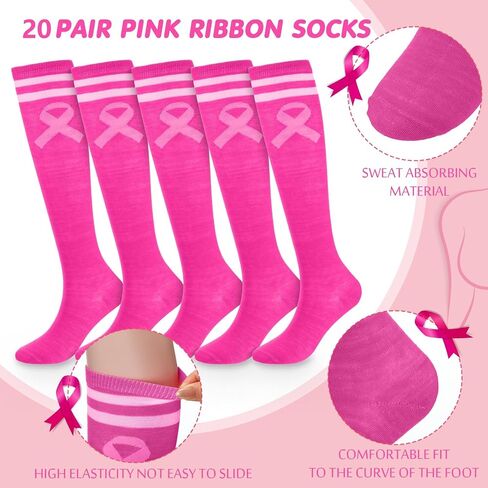 20 Pairs Breast Cancer Awareness Socks Pink Ribbon Knee High Socks Breast Cancer Socks for Women Girls Youth Sports Running Accessories in Saudi Arabia