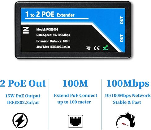 Revotech 3 Port PoE Extender, POE Repeater 100 Meters(328 ft) Extender IEEE802.3af/at Compatible, 1 in 3 Out PoE Adapter Power POE Camera/PoE Device,10/100Mbps RJ45, Plug and Play(POE5005) in Kuwait