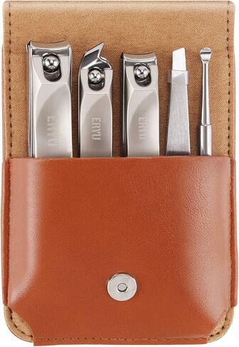 Nail Clippers Set (5Pcs), Stainless Steel Fingernail Clippers for Men & Women, with Leather Portable Travel Case, Professional Fingernail & Toenail Clippers for Thick Nails - Dad & Mom Gifts in Saudi Arabia
