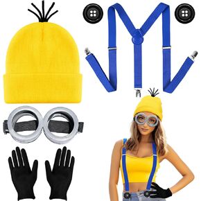 MOVINPE Yellow Costume Accessories, Halloween Cosplay Party Set Beanie Hats Steampunk Goggles Glasses Elastic Suspenders Gloves Buttons